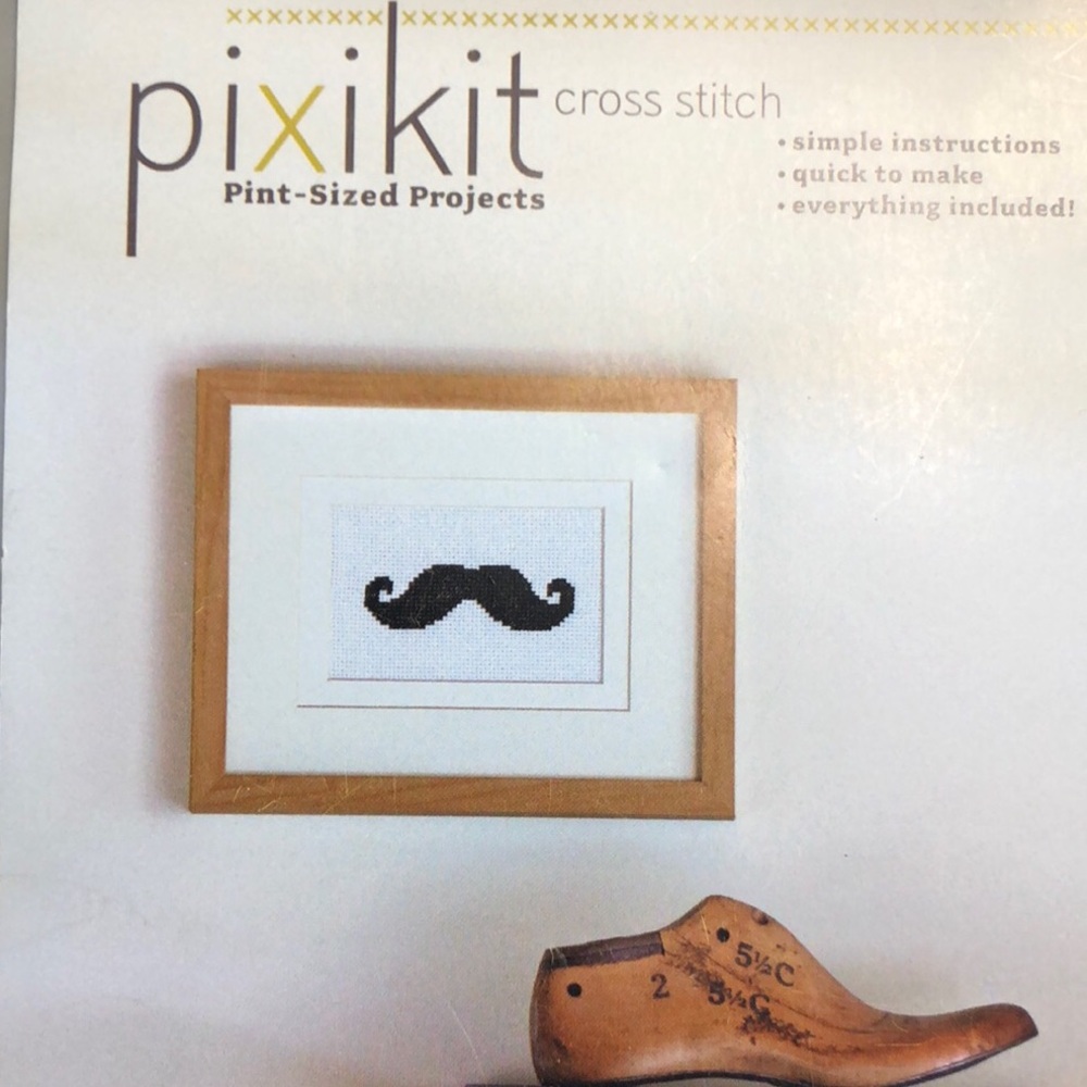 PixiKit Cross Stitch Kit with Black Mustache Motif